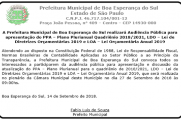 Prefeitura Municipal de BES realizará Audiência Pública.