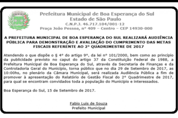 A Prefeitura Municipal de Boa Esperança do sul realizará Audiência Pública.
