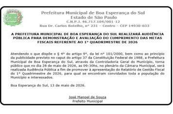 A PREFEITURA MUNICIPAL DE BOA ESPERANÇA DO SUL REALIZARÁ AUDIÊNCIA PÚBLICA PARA DEMONSTRAÇÃO E AVALIAÇÃO DO CUMPRIMENTO DAS METAS FISCAIS REFERENTE AO 1° QUADRIMESTRE DE 2026